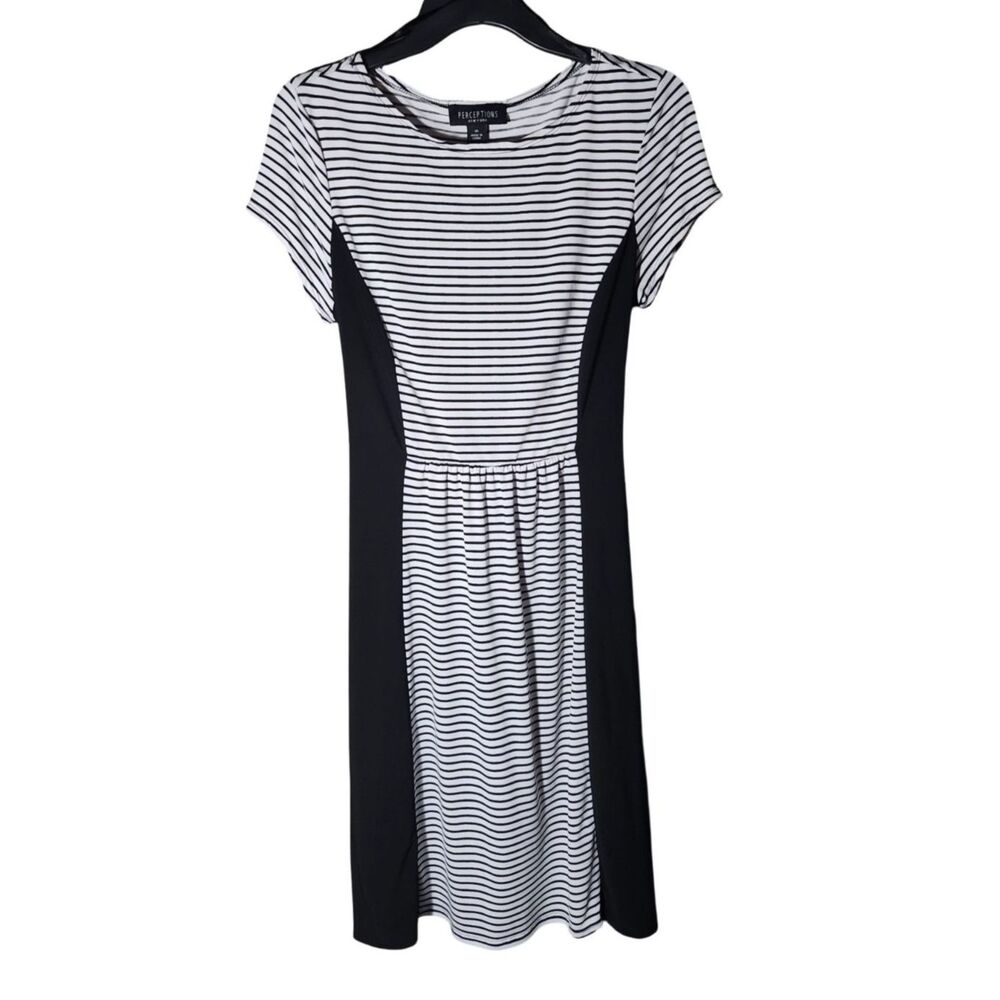 Perceptions NY Black White Striped Colorblock Tie Back Dress